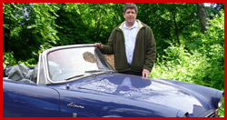 Photo of Joe Cero and his Sunbeam Alpine with a new "Joes Restoration Rescue" aluminum timing chain cover.